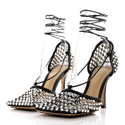 Bottega Veneta Mesh Nappa Crystal Embellished Sparkle Stretch Ankle Tie Sandals 39 Black 3 of 8