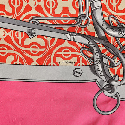 Hermes Cashmere Silk Mors Et Gourmettes Remix Shawl 140 Rose Vif Rouge Gris 4 of 6