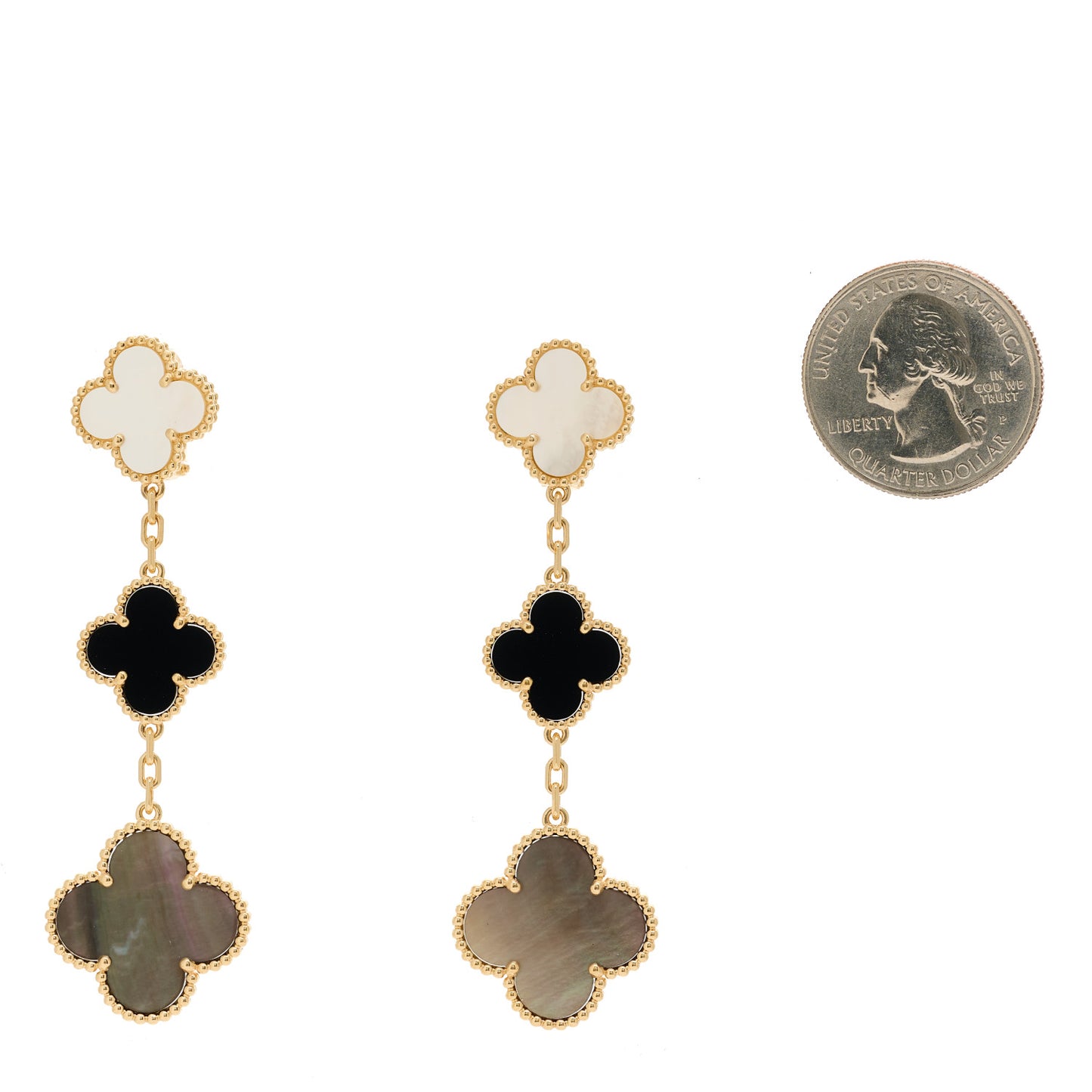 18K Yellow Gold Mother of Pearl Black Onyx 3 Motifs Magic Alhambra Earrings