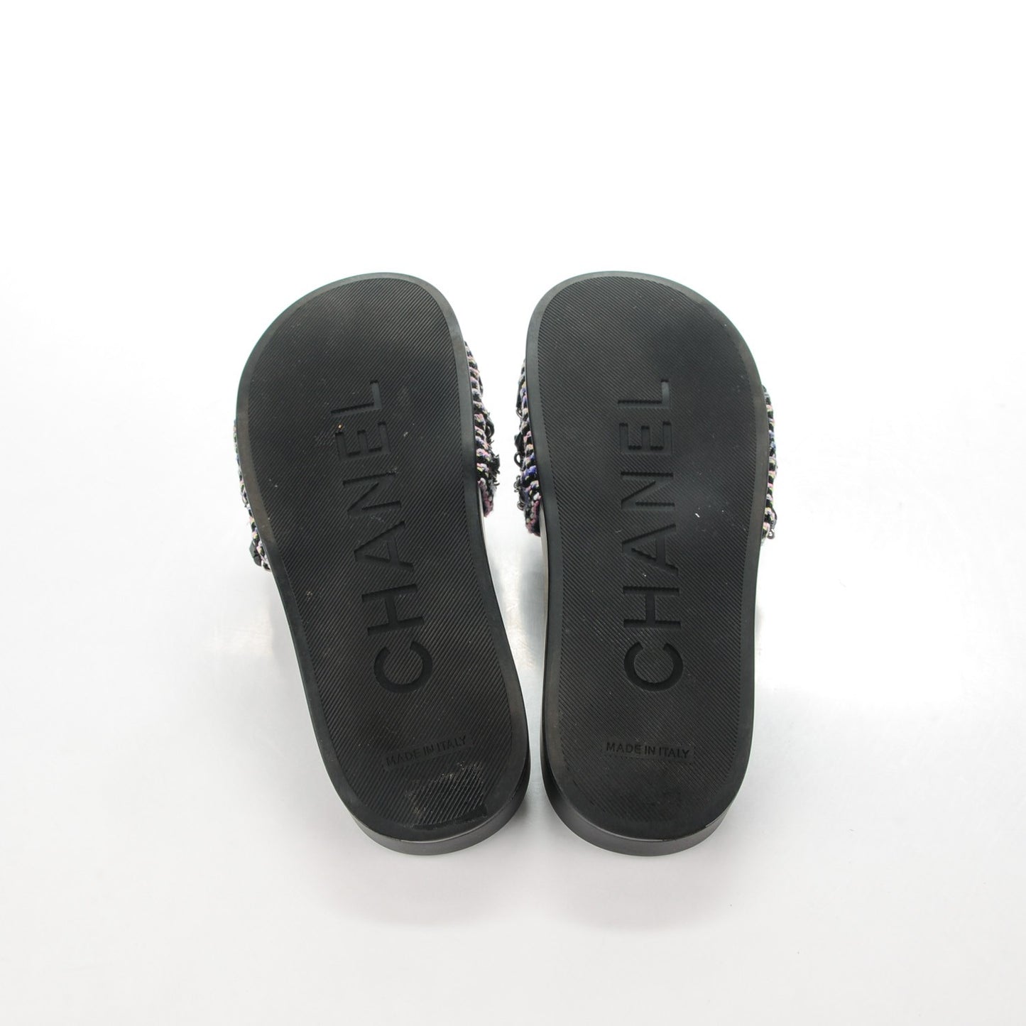 Tweed Lambskin Chain Flat Sandals 36 Black Multicolor