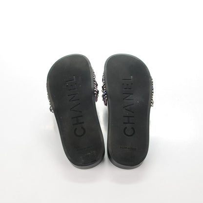 Chanel Tweed Lambskin Chain Flat Sandals 36 Black Multicolor 5 of 8