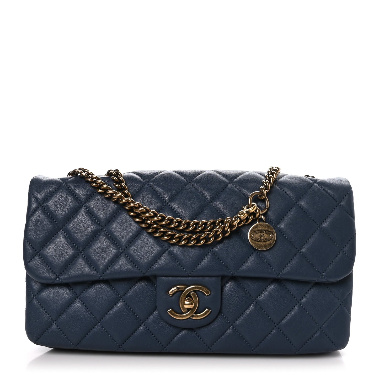 Calfskin Quilted Medium CC Crown Flap Blue