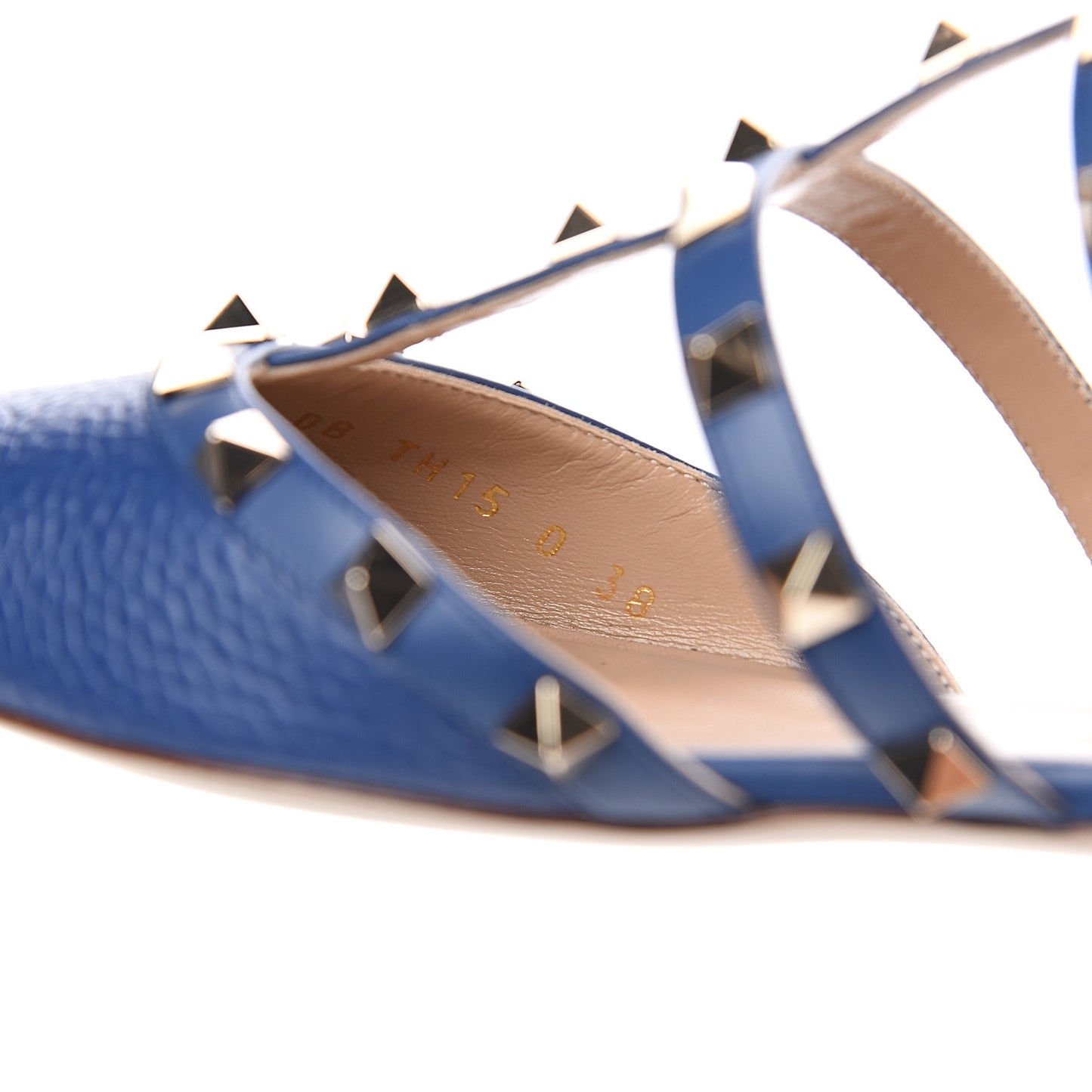 Pebbled Calfskin Rockstud Flat Cage Mules 38 Light Ocean