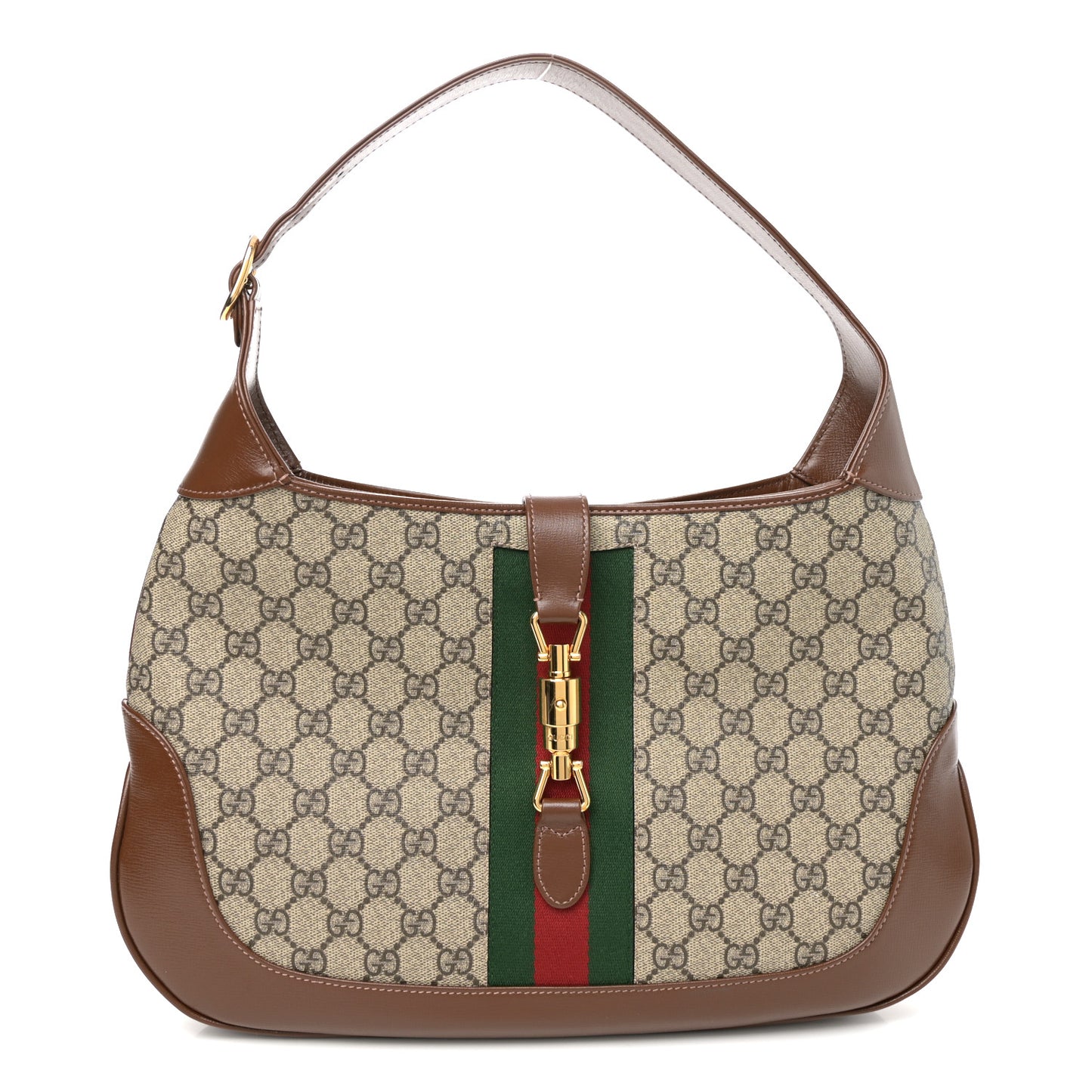 GG Supreme Monogram Azalea Calfskin Web Medium Jackie 1961 Hobo Beige Ebony Brown Sugar