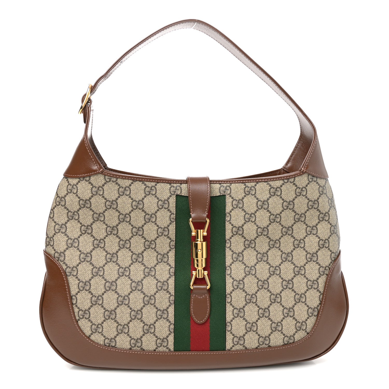 Gucci GG Supreme Monogram Azalea Calfskin Web Medium Jackie 1961 Hobo Beige Ebony Brown Sugar 1 of 11