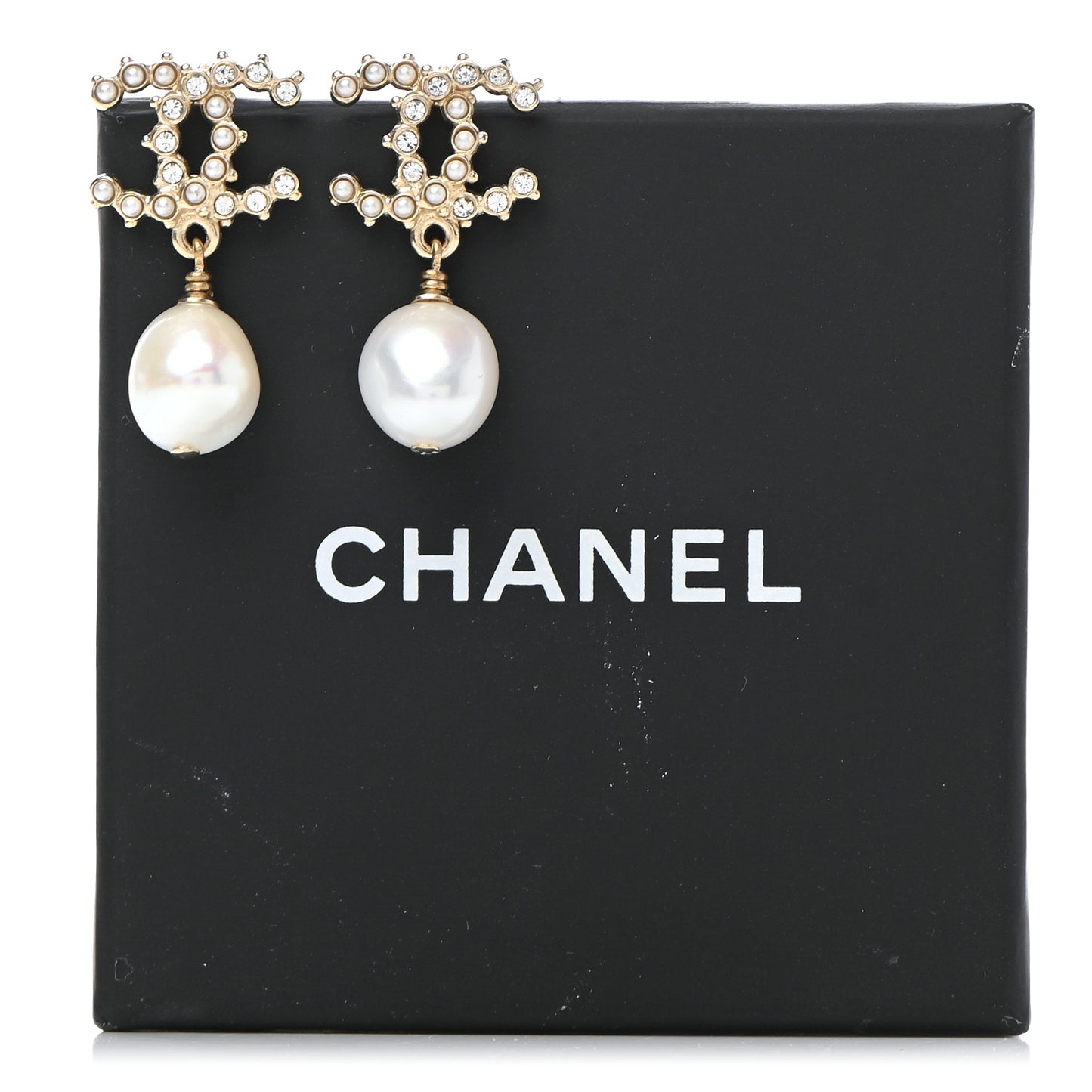 Pearl Crystal CC Drop Earrings Gold