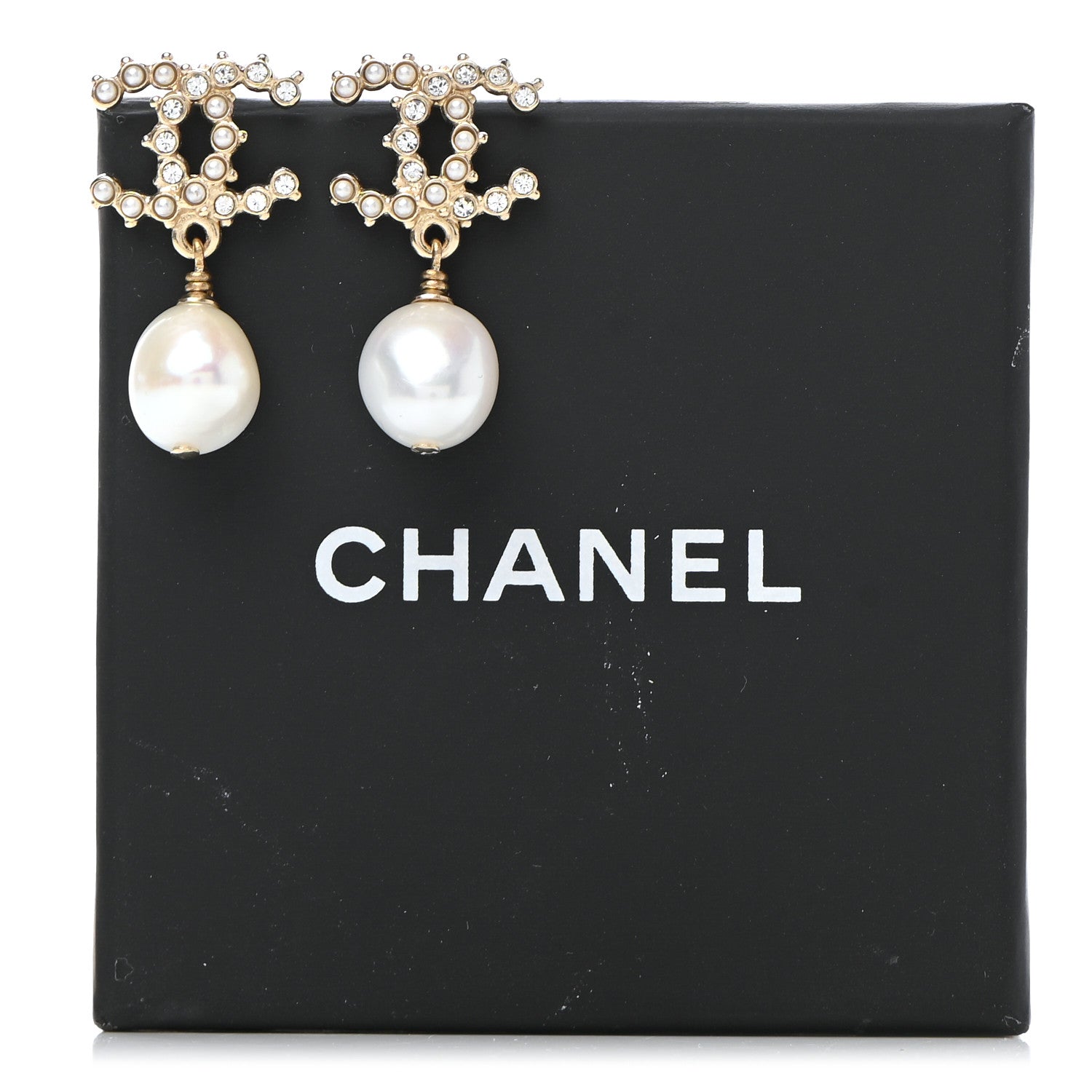 Chanel Pearl Crystal CC Drop Earrings Gold 5 of 5