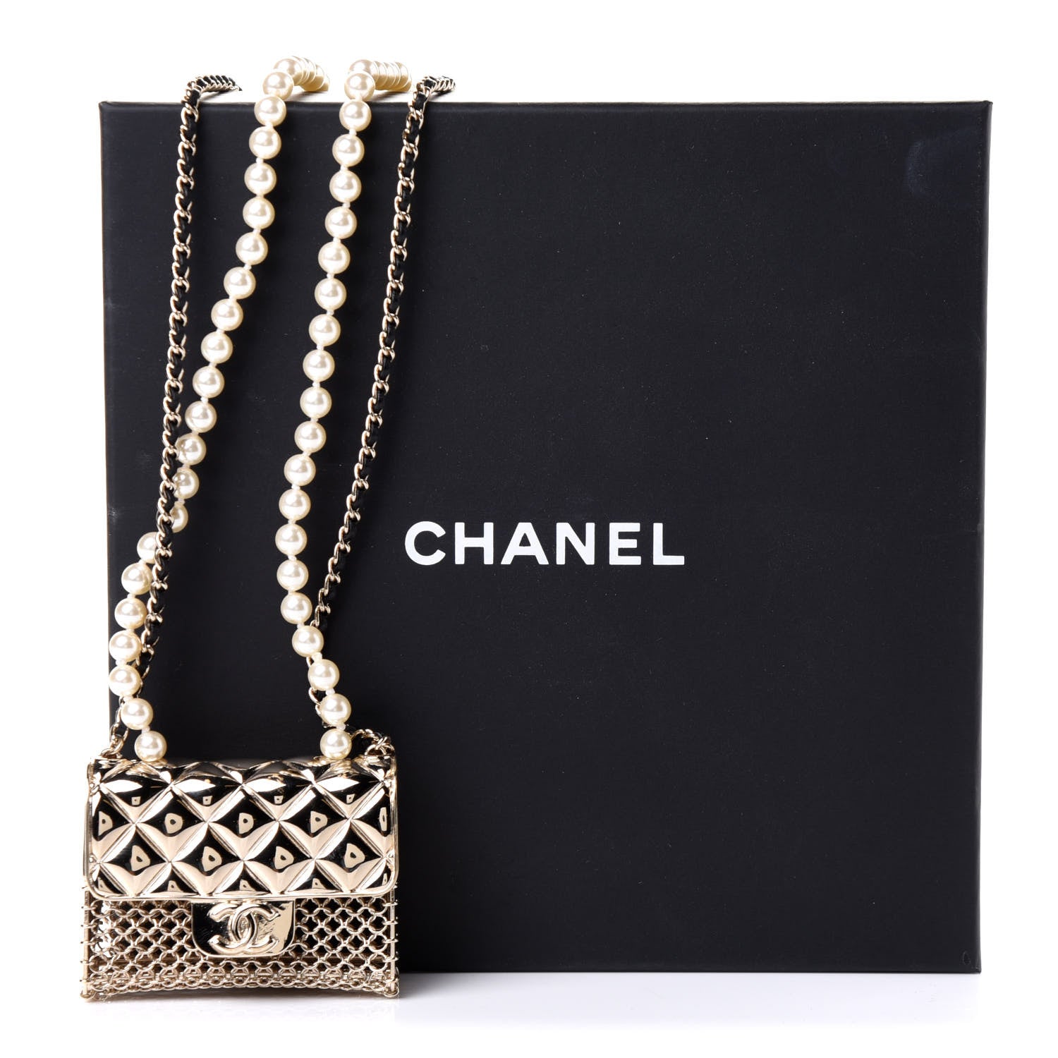 Chanel Metal Lambskin Pearl Chain Flap Bag Long Necklace Gold Black Pearly White 5 of 5