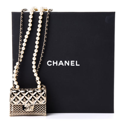 Chanel Metal Lambskin Pearl Chain Flap Bag Long Necklace Gold Black Pearly White 5 of 5