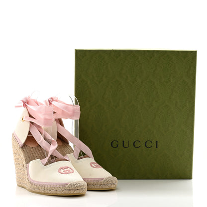 Gucci Canvas Grossgrain Embroidered Judit Ankle Wrap Platform 35/120mm Espadrille Wedges 39 White Shell 10 of 10