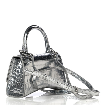 Balenciaga Metallic Calfskin Crocodile Embossed Hourglass Top Handle Bag XS Silver 3 of 9