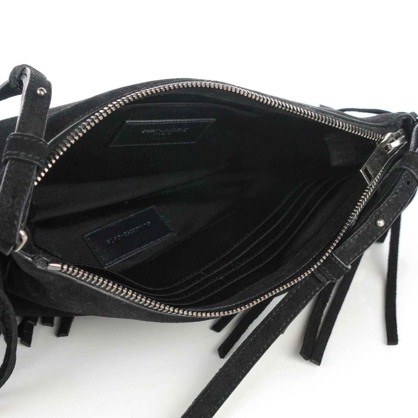 Suede Calfskin Small Fringe Crossbody Bag Black