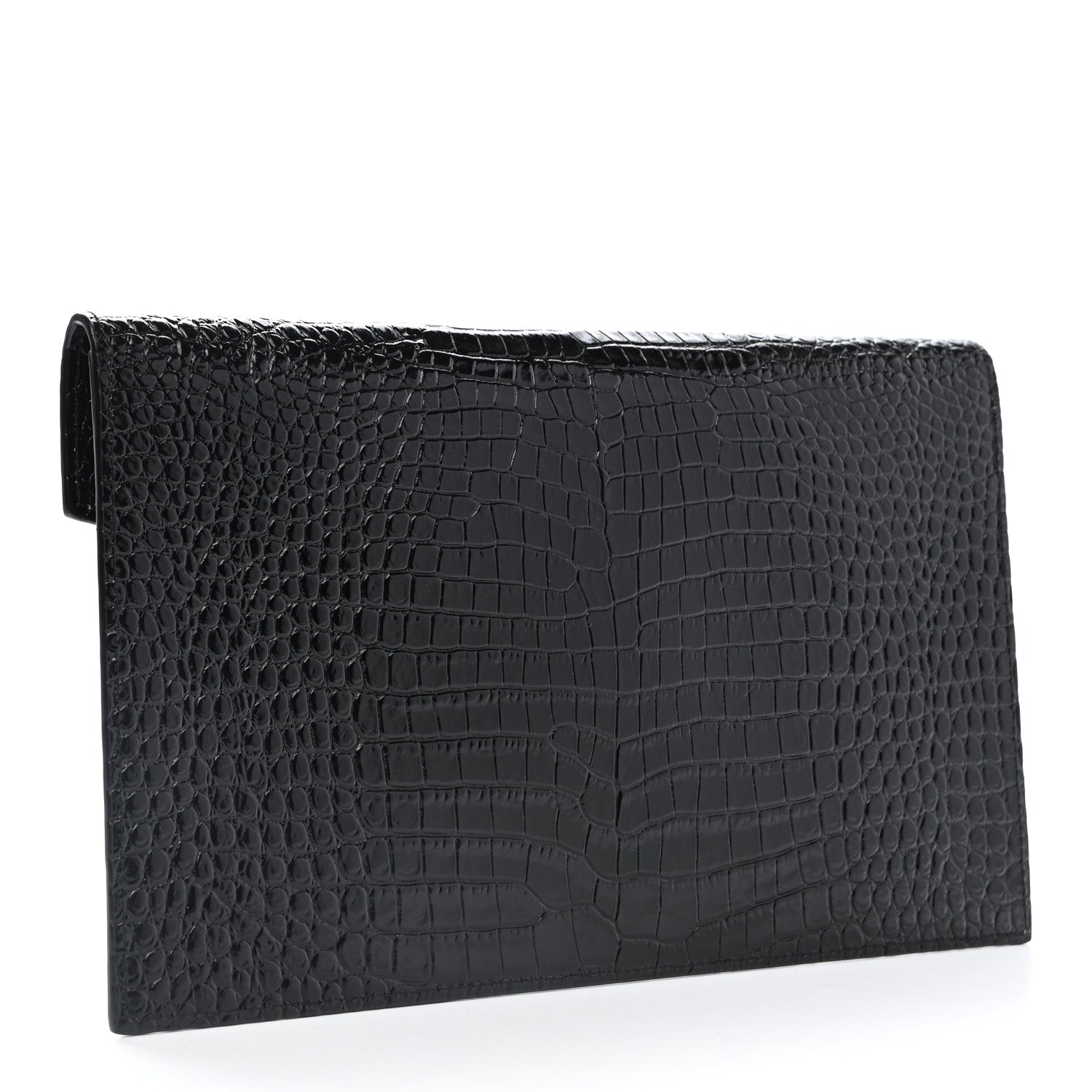 Saint Laurent Calfskin Crocodile Embossed Uptown Monogram Clutch Black 3 of 6