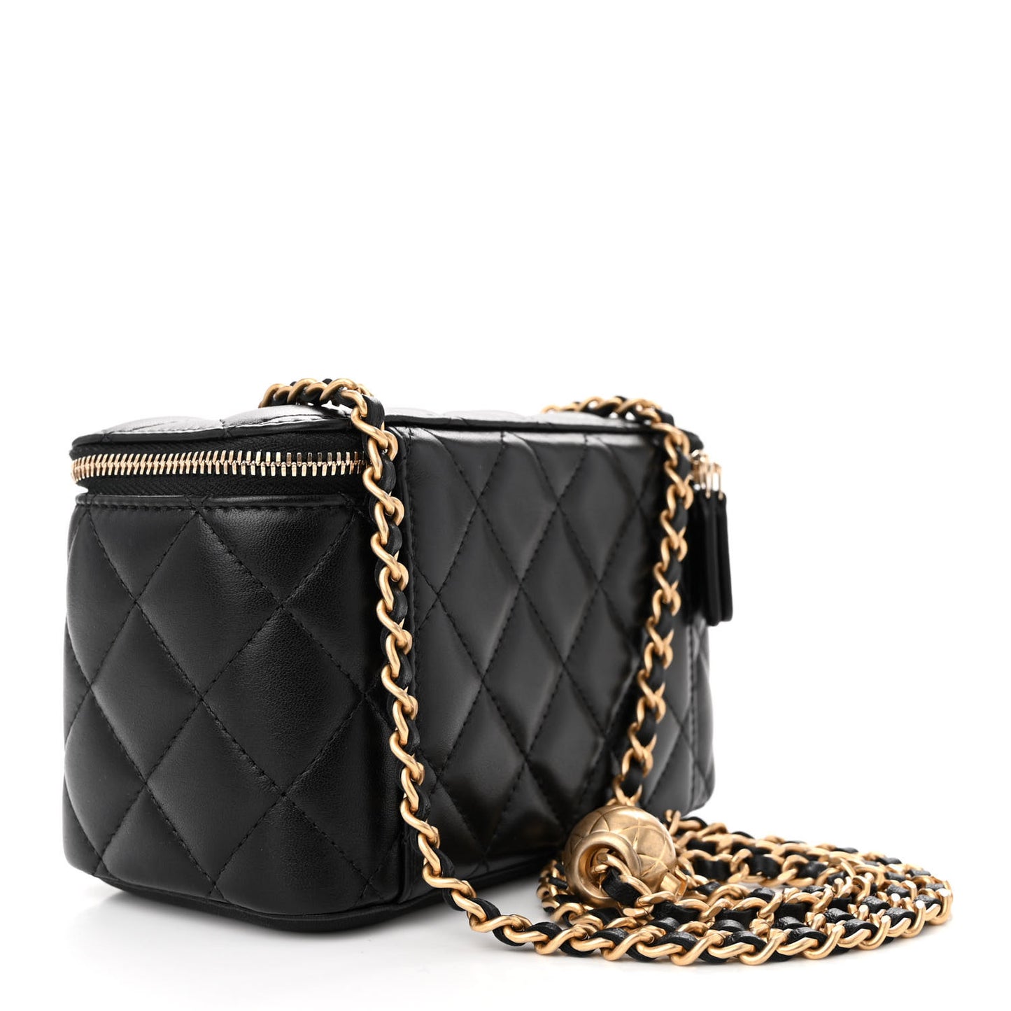 Lambskin Quilted Small Pearl Crush Vanity Case With Chain Black