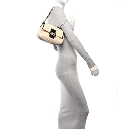 Fendi Raffia Snakeskin Patent Mini Baguette Natural Black 2 of 10
