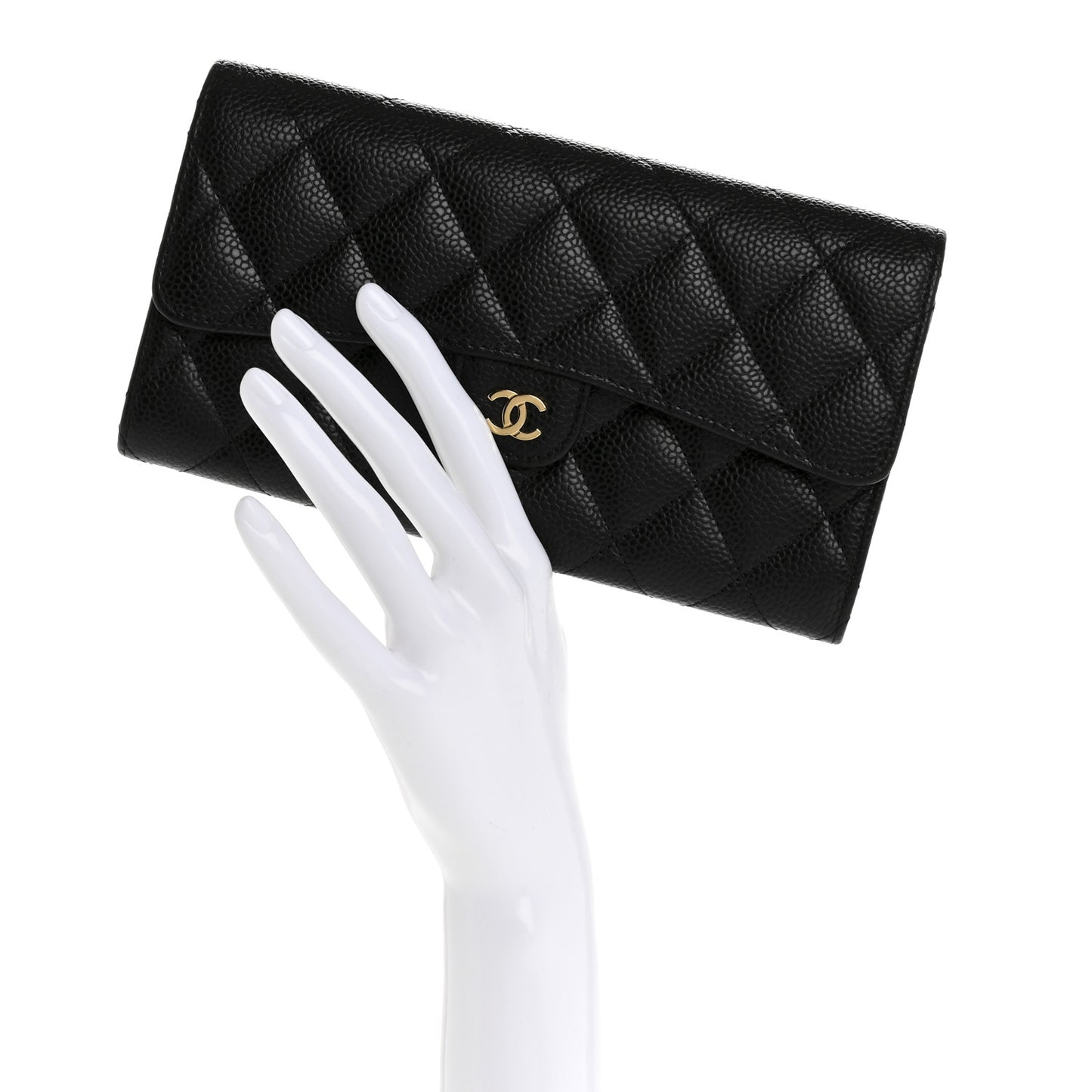 Caviar Quilted Large Gusset Flap Wallet Black