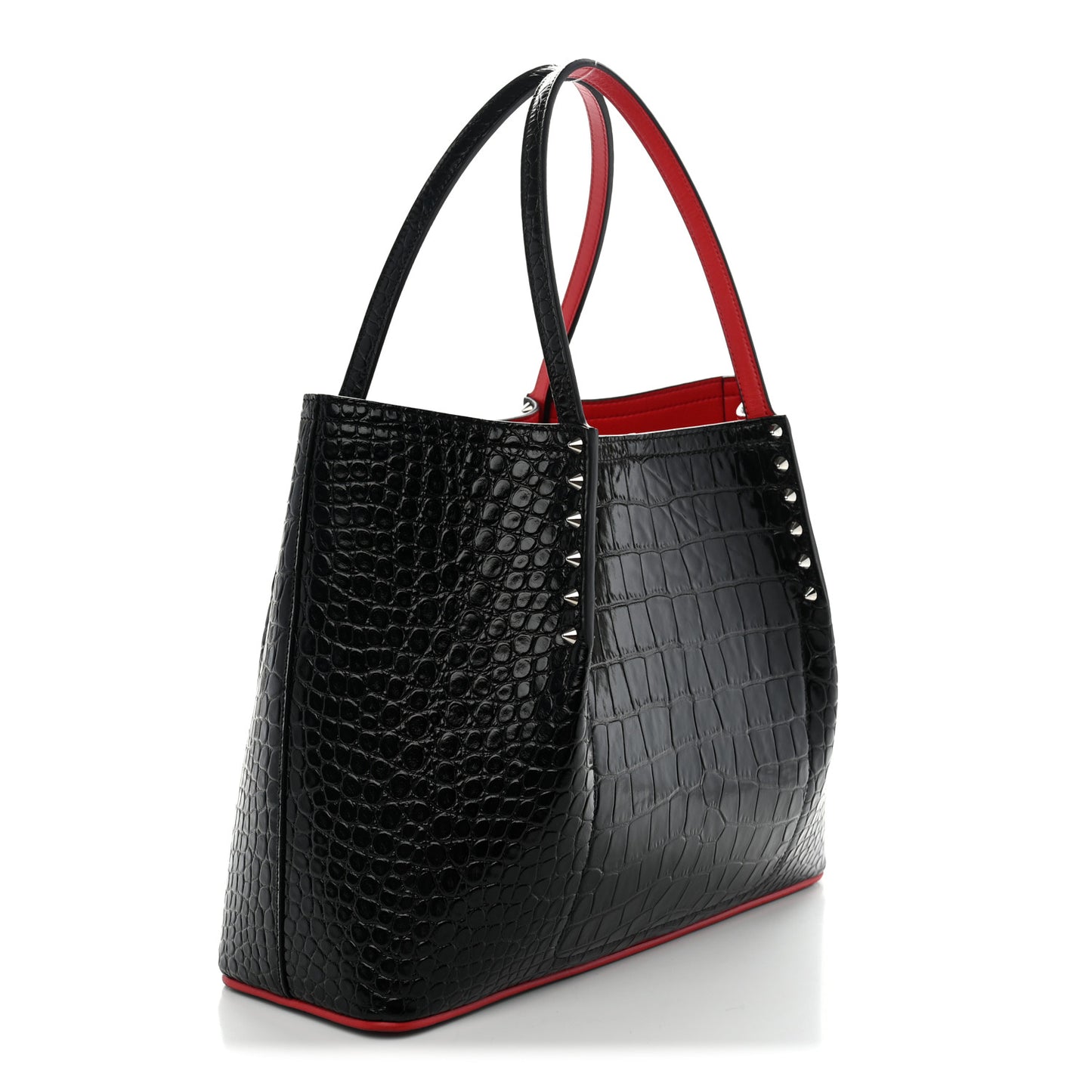 Crocodile Embossed Calfskin Spiked Small Cabarock Shopper Tote Black