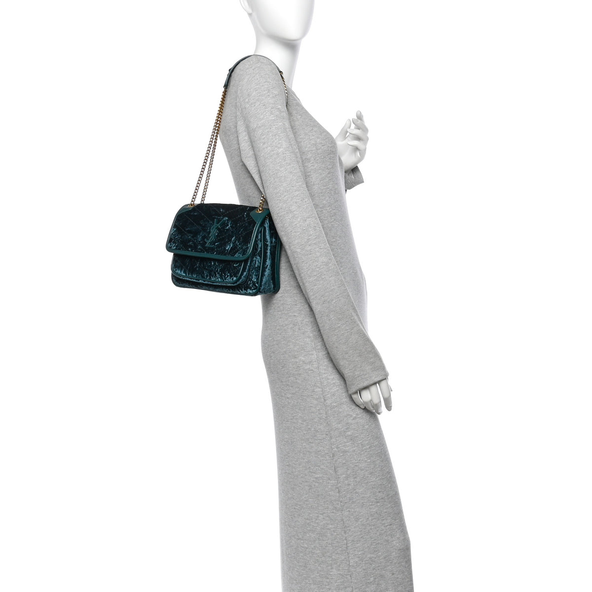 Velvet Monogram Matelasse Baby Niki Chain Satchel Dark Green