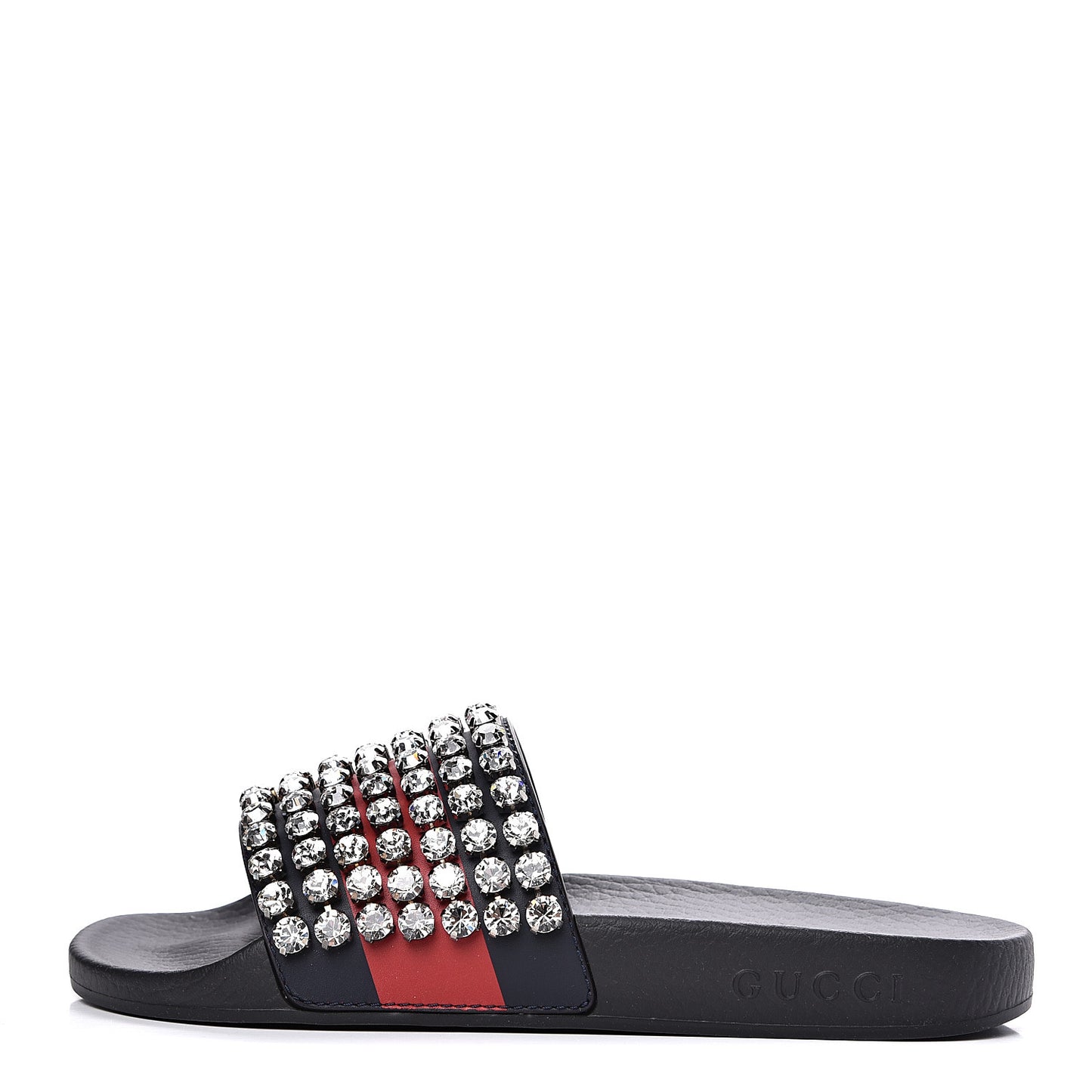 Calfskin Crystal Embellished Web Slide Sandals 36 Blue Red