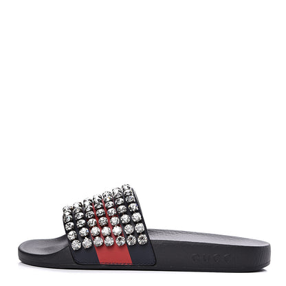 Gucci Calfskin Crystal Embellished Web Slide Sandals 36 Blue Red 1 of 8