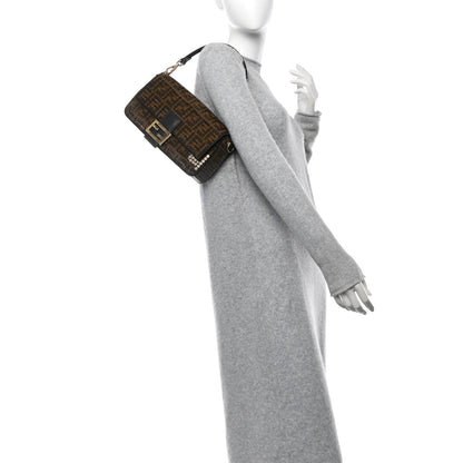 Fendi Fabric Jacquard Paillettes Vitello Seta FF 1974 Baguette Testa di Moro Real Ebano 2 of 9