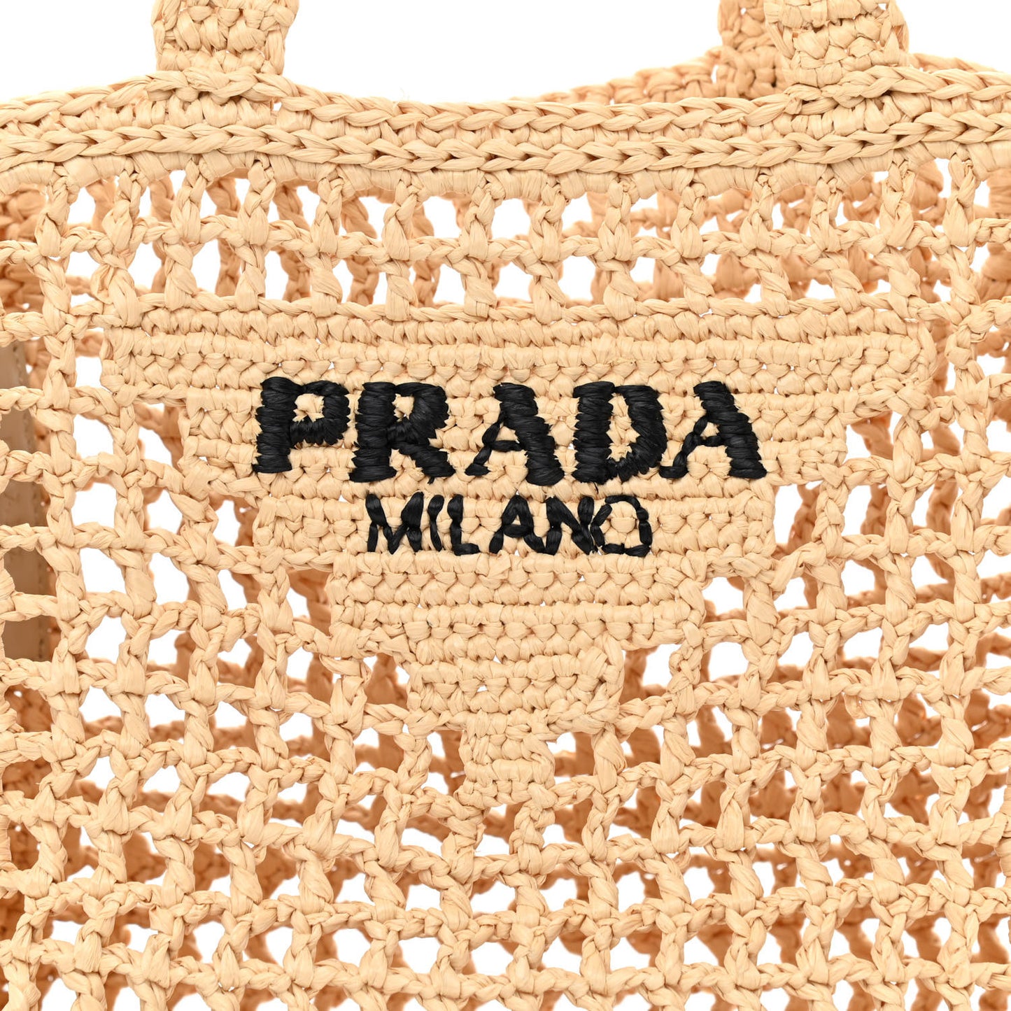 Yarn Raffia Effect Crochet Logo Embroidered Small Tote Bag Naturale