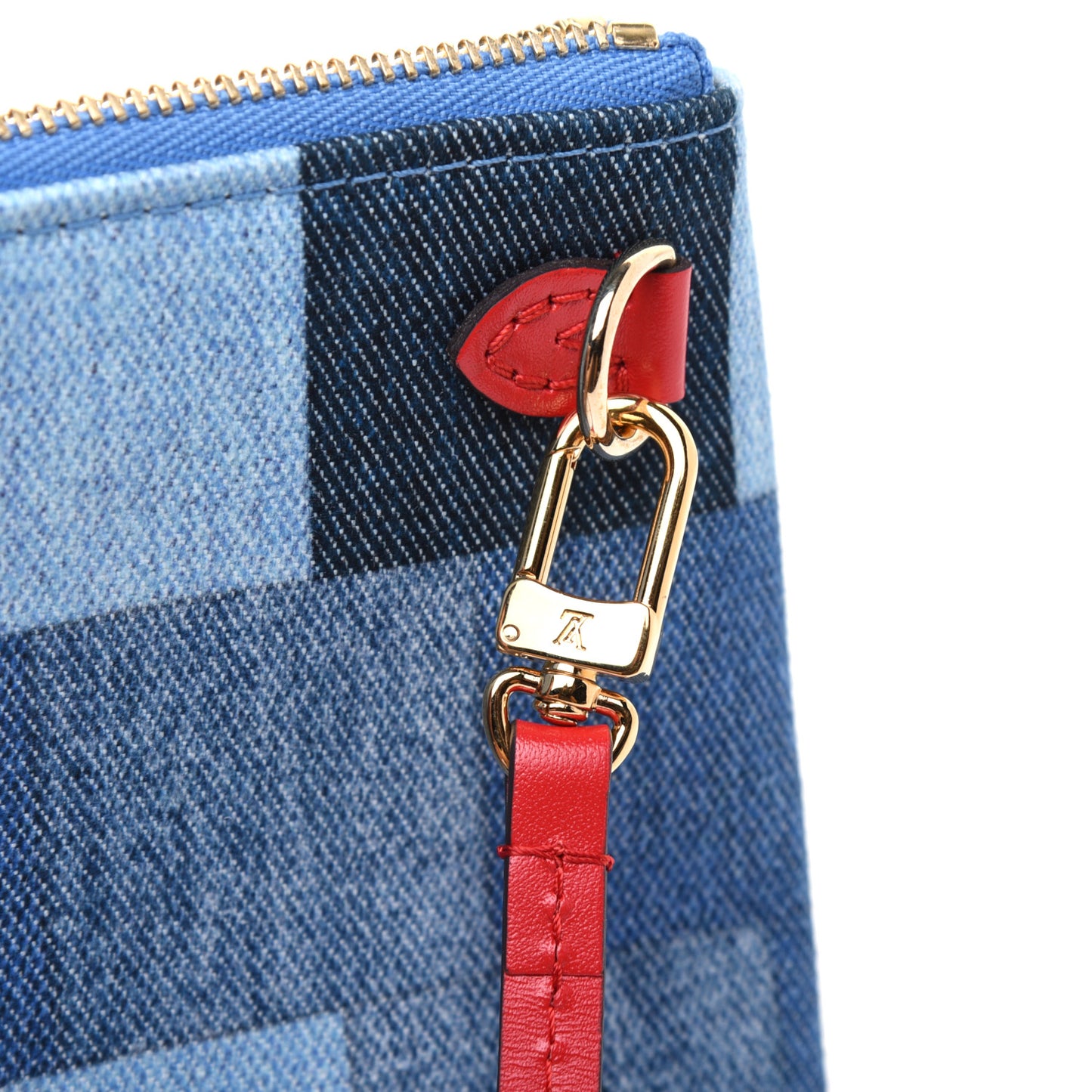 Denim Damier Monogram Patchwork Neverfull MM Pochette Blue Rouge