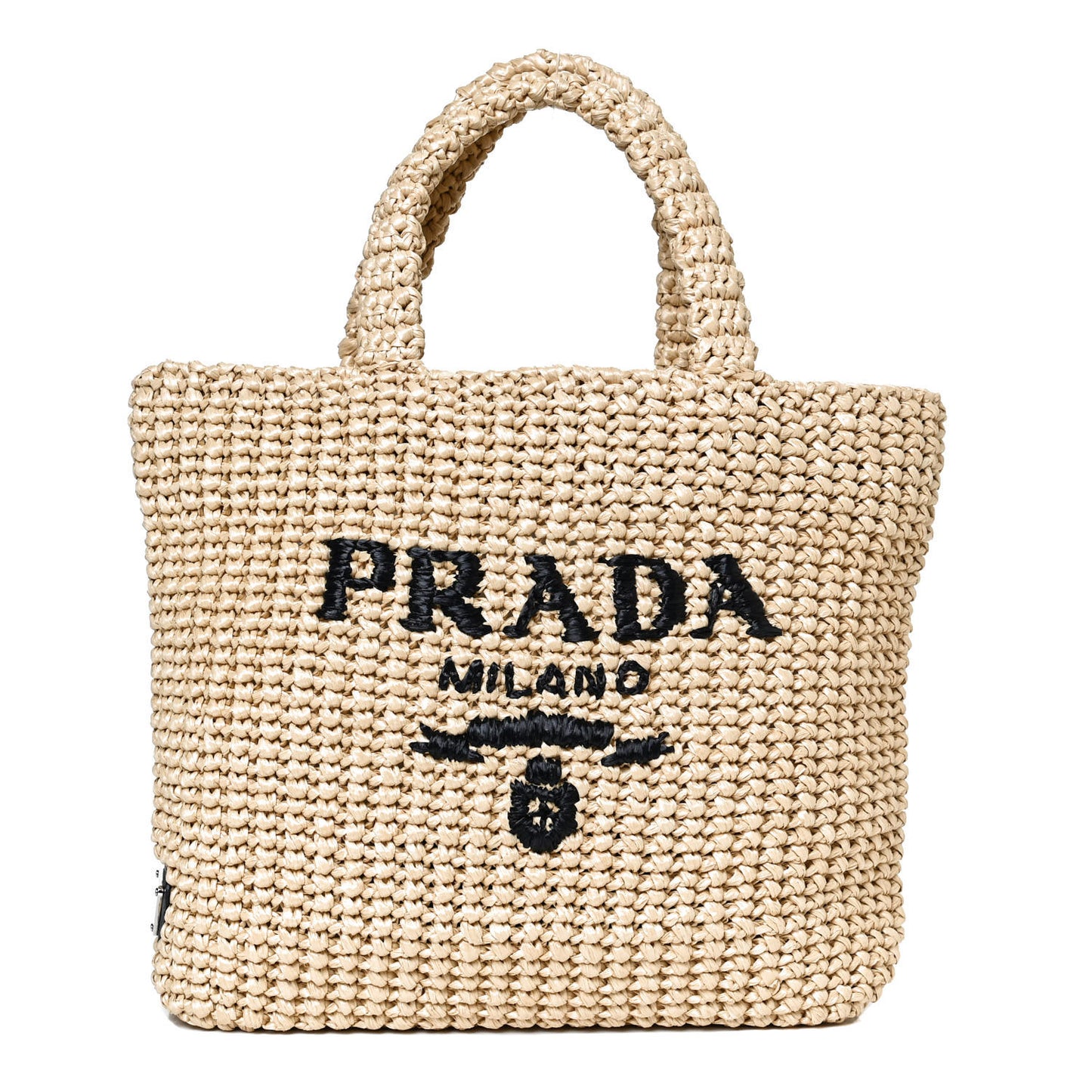 Yarn Raffia Effect Crochet Embroidered Small Logo Tote Naturale