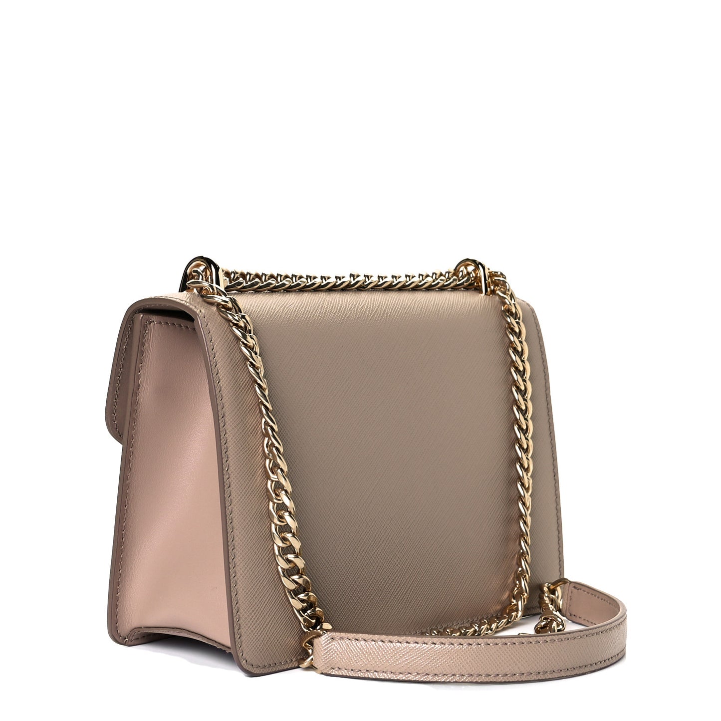 Saffiano Soft Calfskin Metal Triangle Logo Envelope Chain Shoulder Bag Cammeo