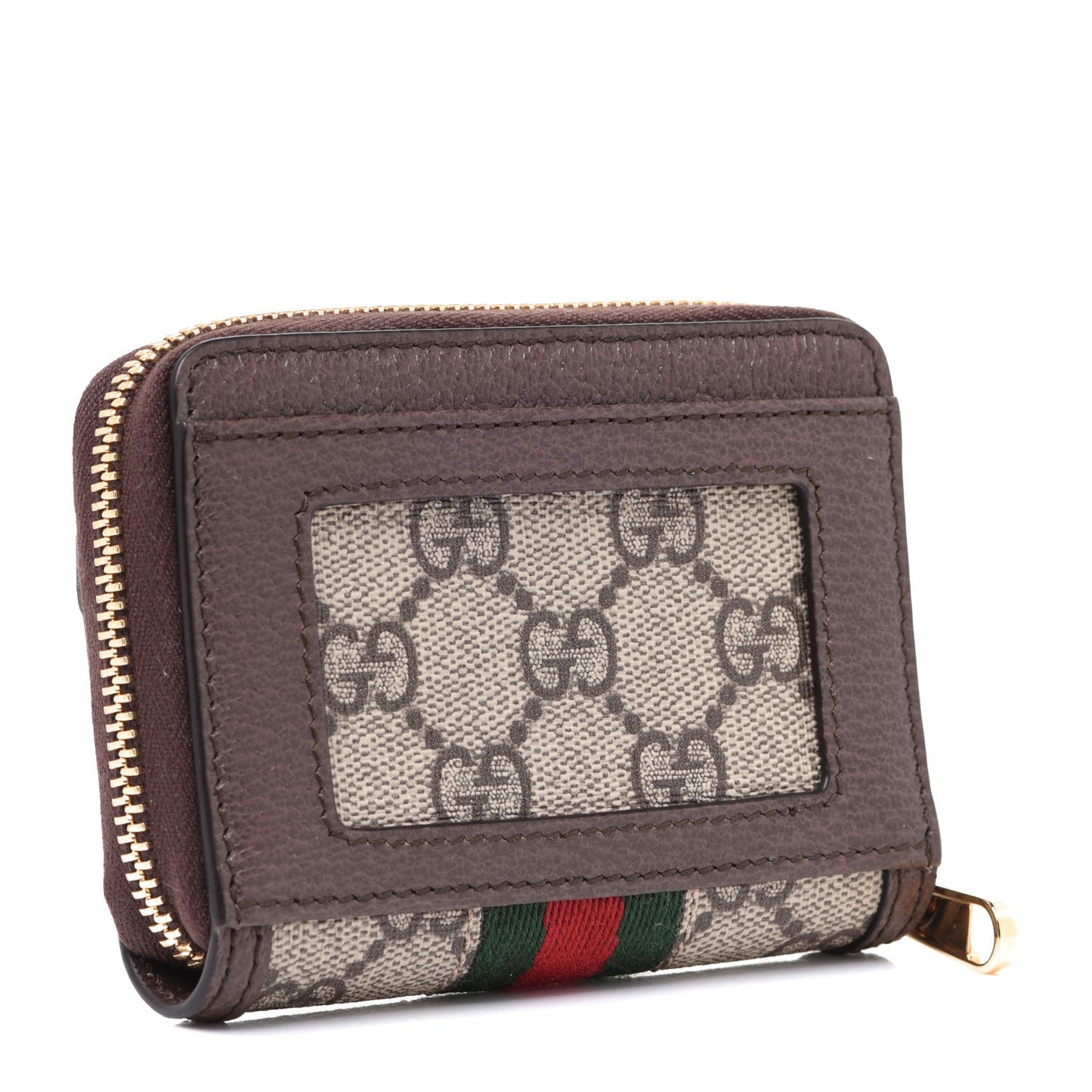 GG Supreme Monogram Textured Dollar Calfskin Web Ophidia Zip Around Card Case Wallet Beige Ebony New Acero