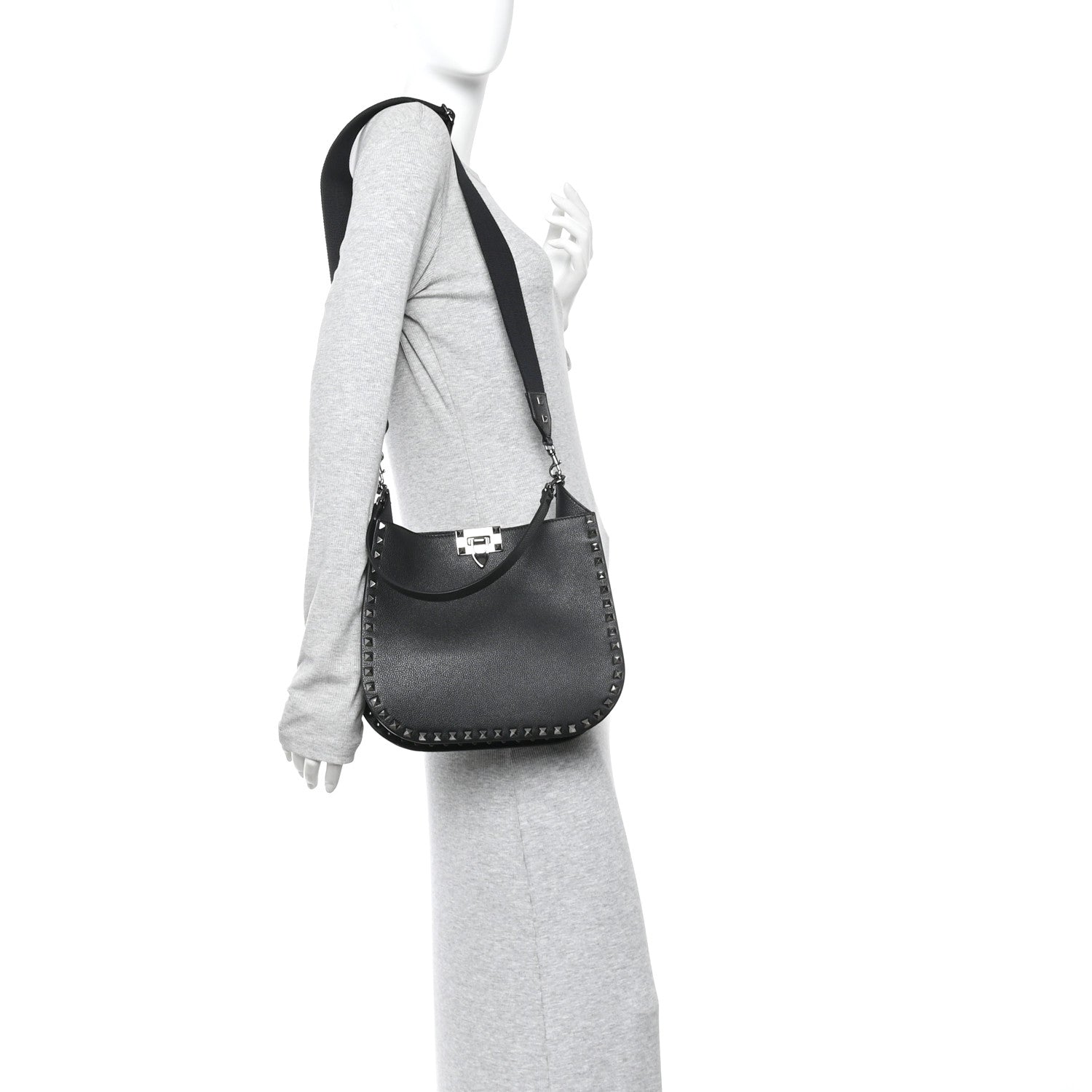 Valentino Garavani Grained Calfskin Rockstud Hobo Shoulder Bag Black 2 of 9