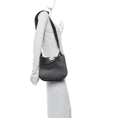 Valentino Garavani Grained Calfskin Rockstud Hobo Shoulder Bag Black 2 of 9