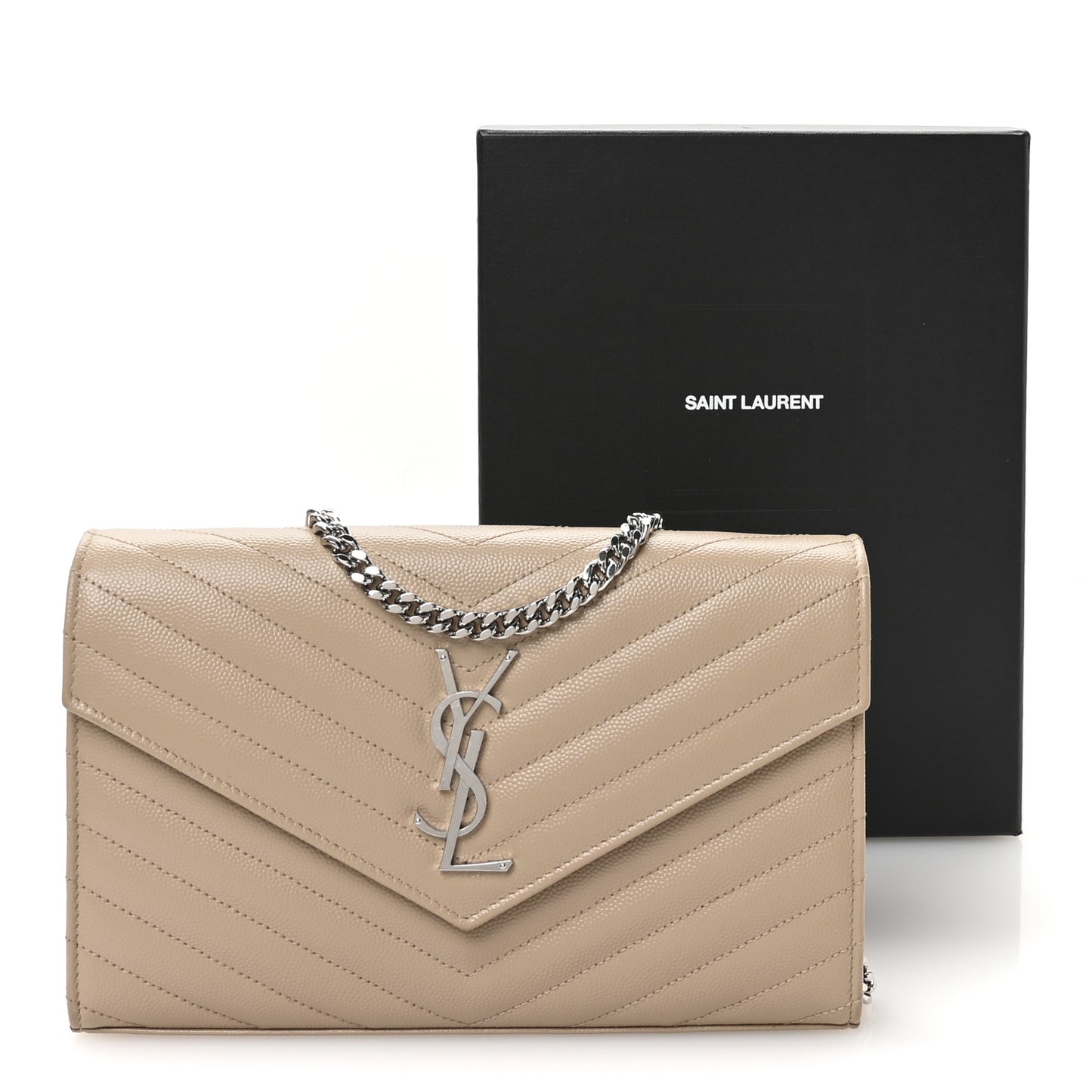 Grain De Poudre Matelasse Chevron Monogram Chain Wallet Dark Beige