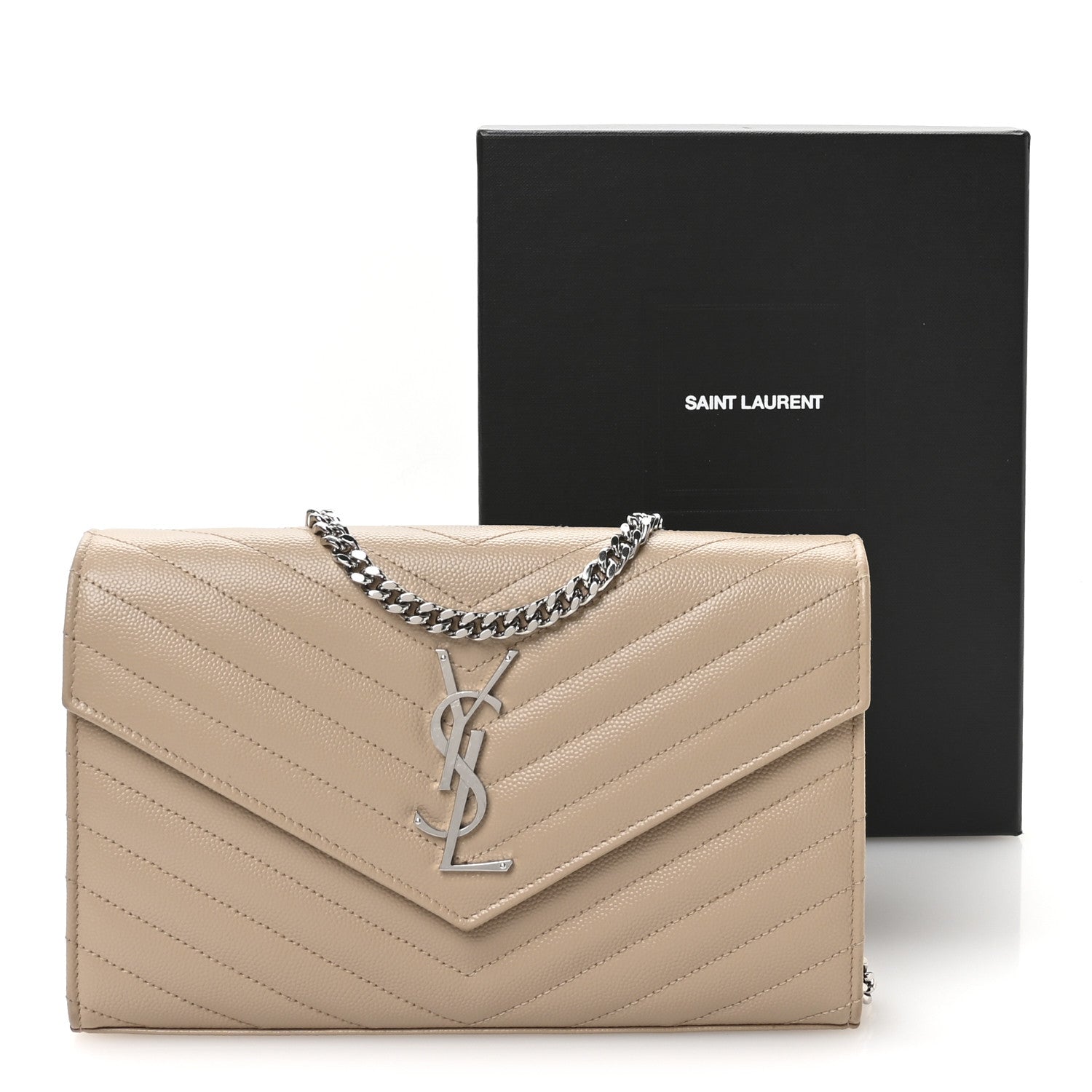 Saint Laurent Grain De Poudre Matelasse Chevron Monogram Chain Wallet Dark Beige 10 of 10