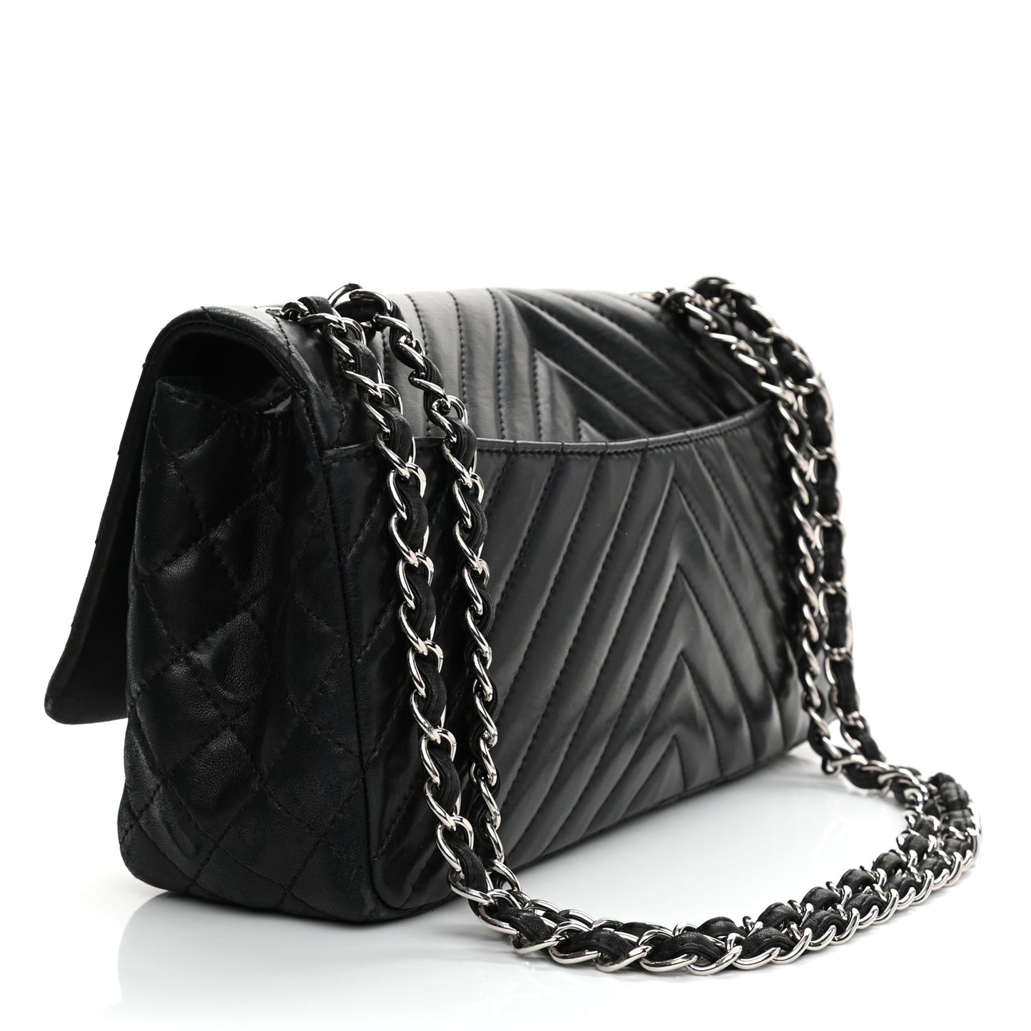 Lambskin Chevron Quilted Single Flap Black