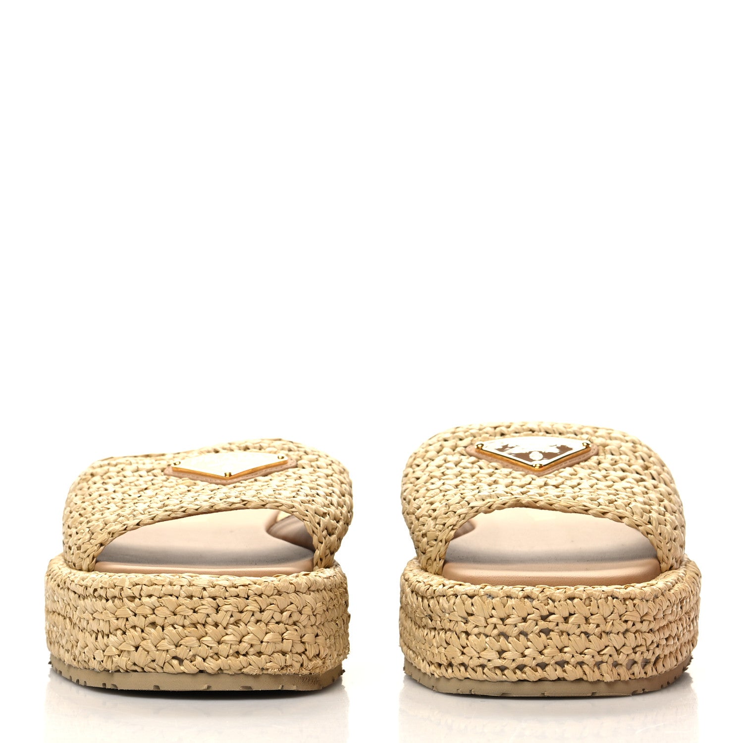 Prada Raffia Metal Triangle Logo Woven Flatform 35mm Slide Sandals 37 Naturale 2 of 10