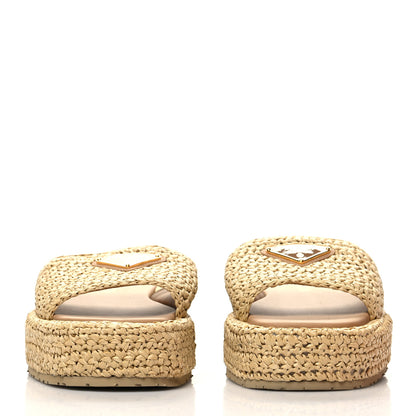 Prada Raffia Metal Triangle Logo Woven Flatform 35mm Slide Sandals 37 Naturale 2 of 10