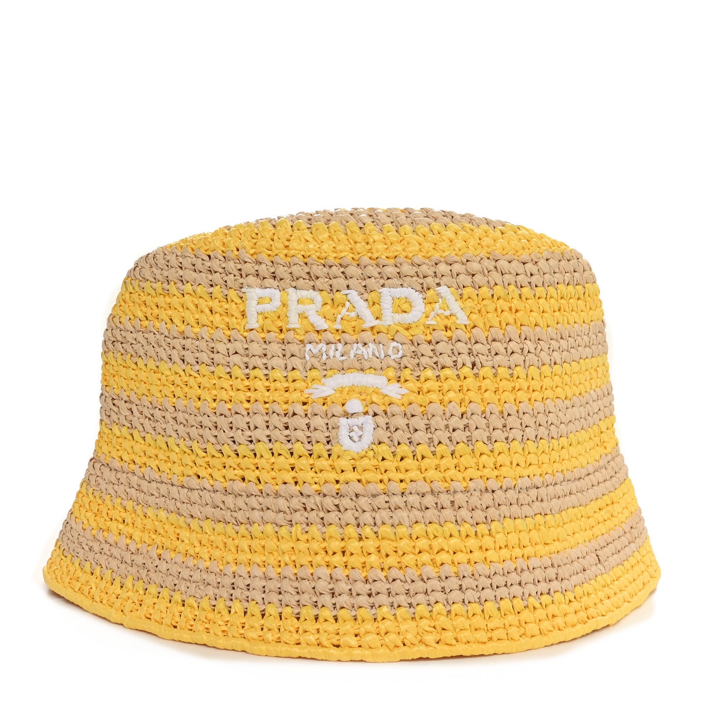 Raffia Striped Logo Embroidered Womens Bucket Hat M Naturale Giallo