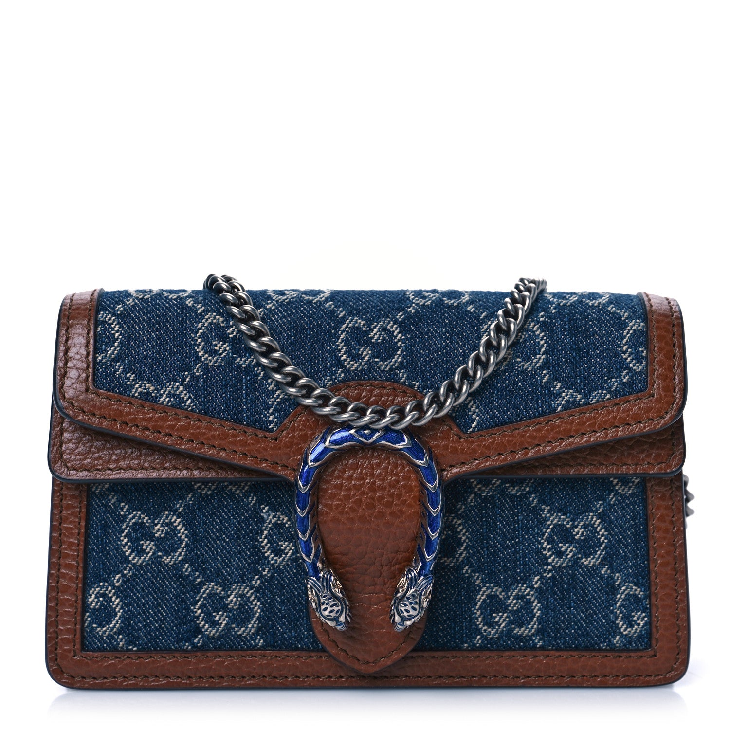 Gucci New Denim GG Monogram Dollar Calfskin Enamel Super Mini Dionysus Shoulder Bag Blue Tea Cuir Epilog Electric Blue 1 of 8