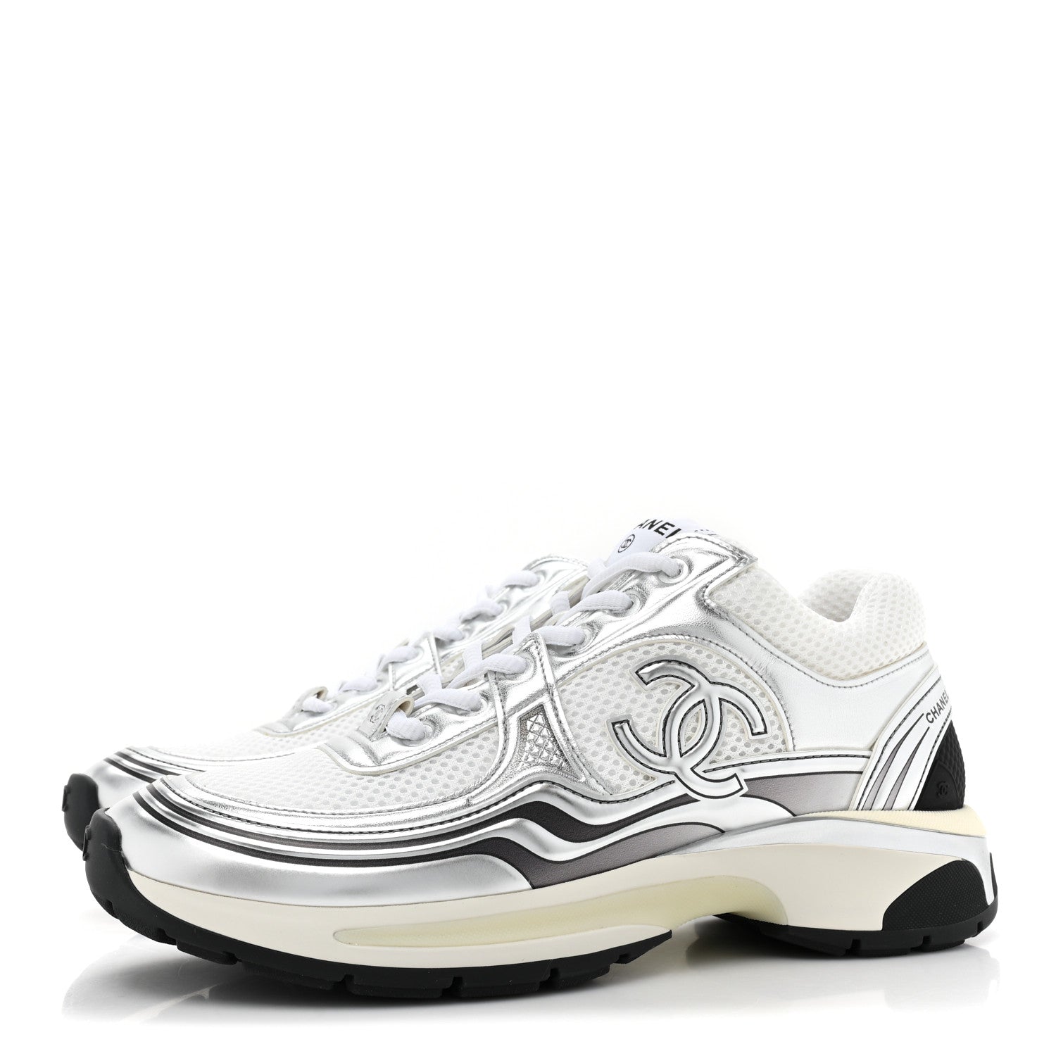 Chanel Fabric Laminated Calfskin Stretch CC Womens Sneakers 38.5 White Silver 3 of 10