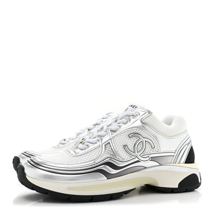Chanel Fabric Laminated Calfskin Stretch CC Womens Sneakers 38.5 White Silver 3 of 10