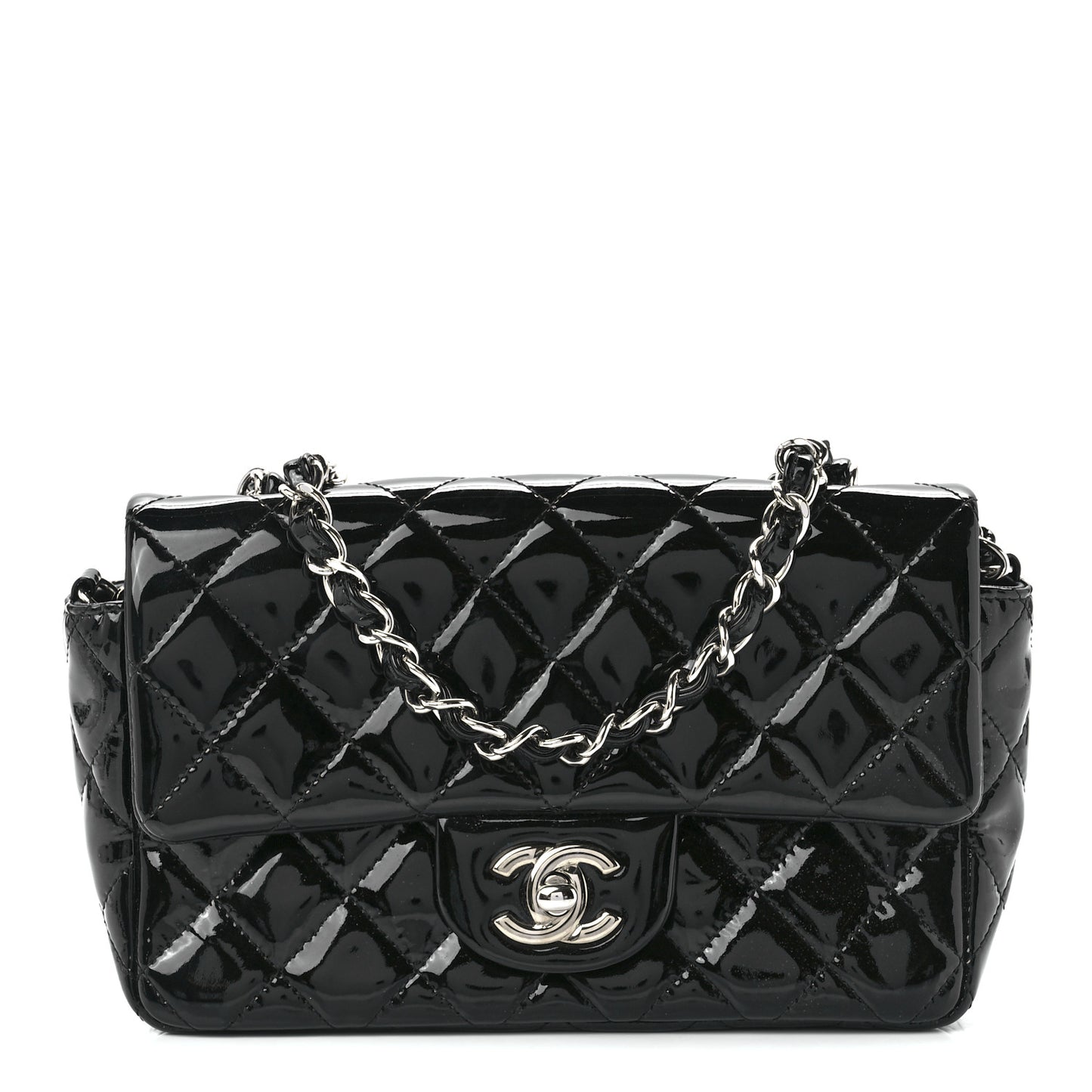 Patent Calfskin Quilted Mini Rectangular Flap Black