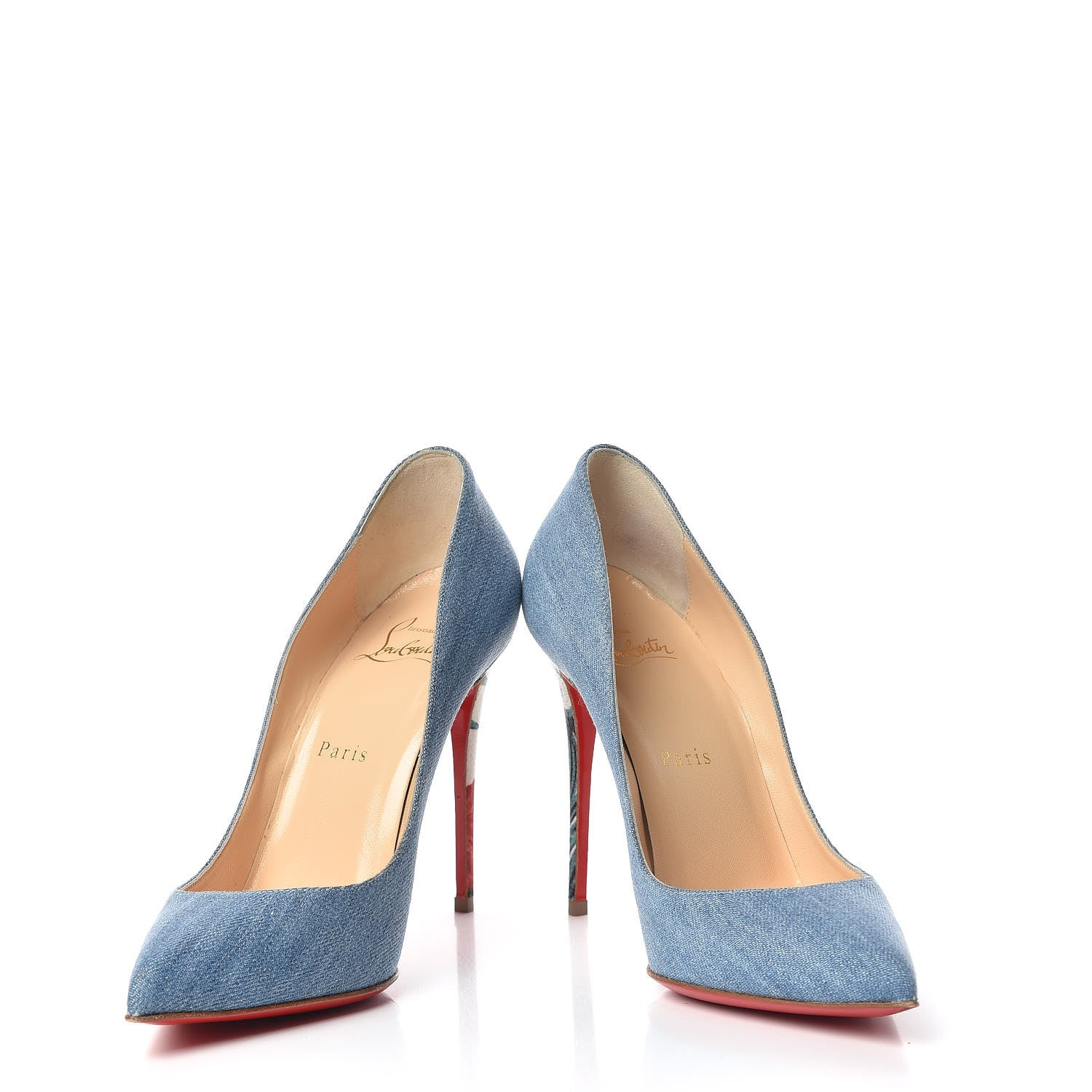 Christian Louboutin Denim Crackled Calfskin Hawaiian Print Pigalle Follies 100 Pumps 37.5 Blue White 6 of 13