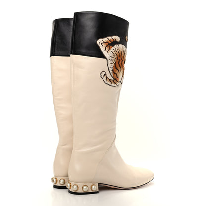 Gucci Nappa Pearl Tiger Embroidered Knee High Boots 37 Mystic White Black 4 of 10