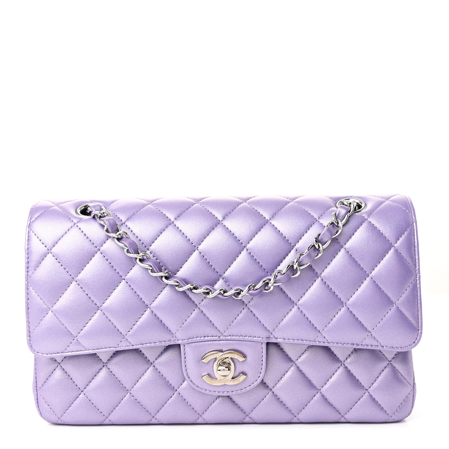 Metallic Lambskin Quilted Medium Double Flap Purple