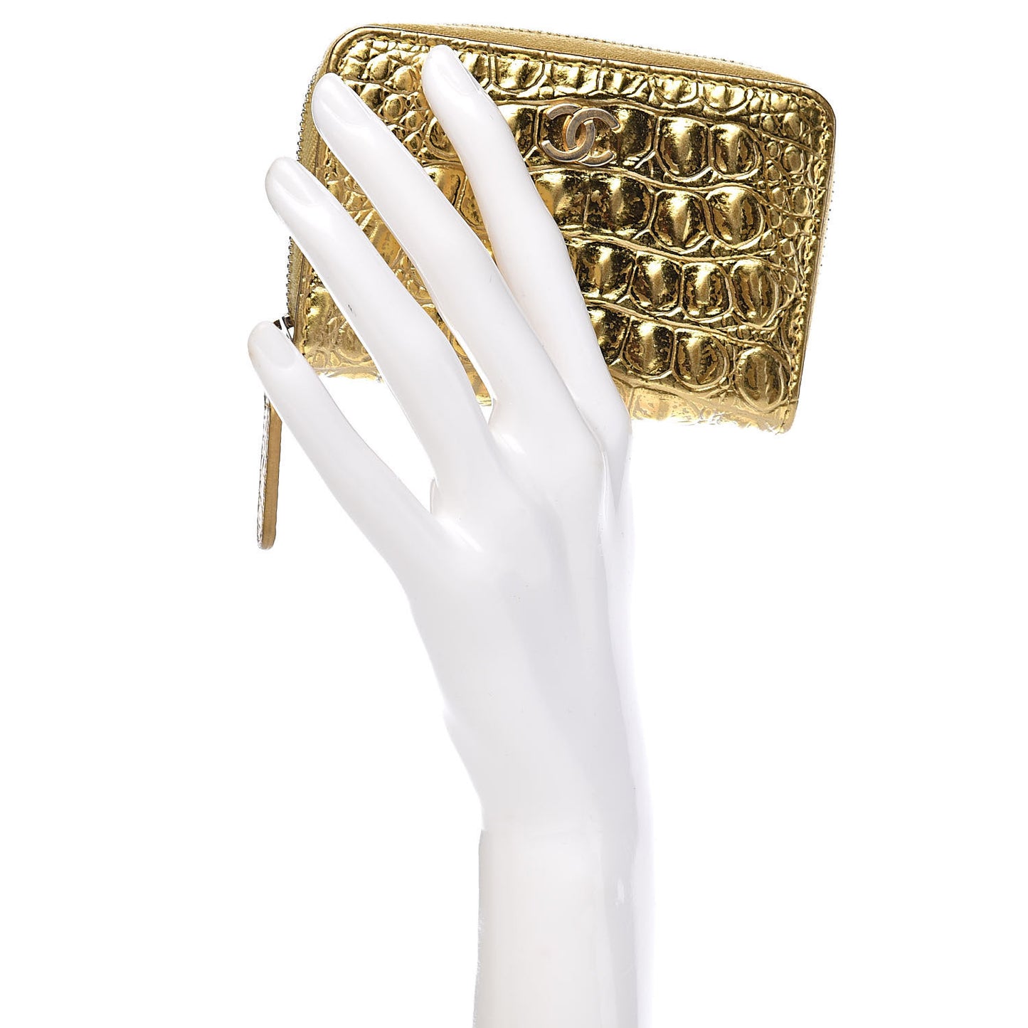 Metallic Calfskin Crocodile Embossed Cocodile Zip Coin Case Gold