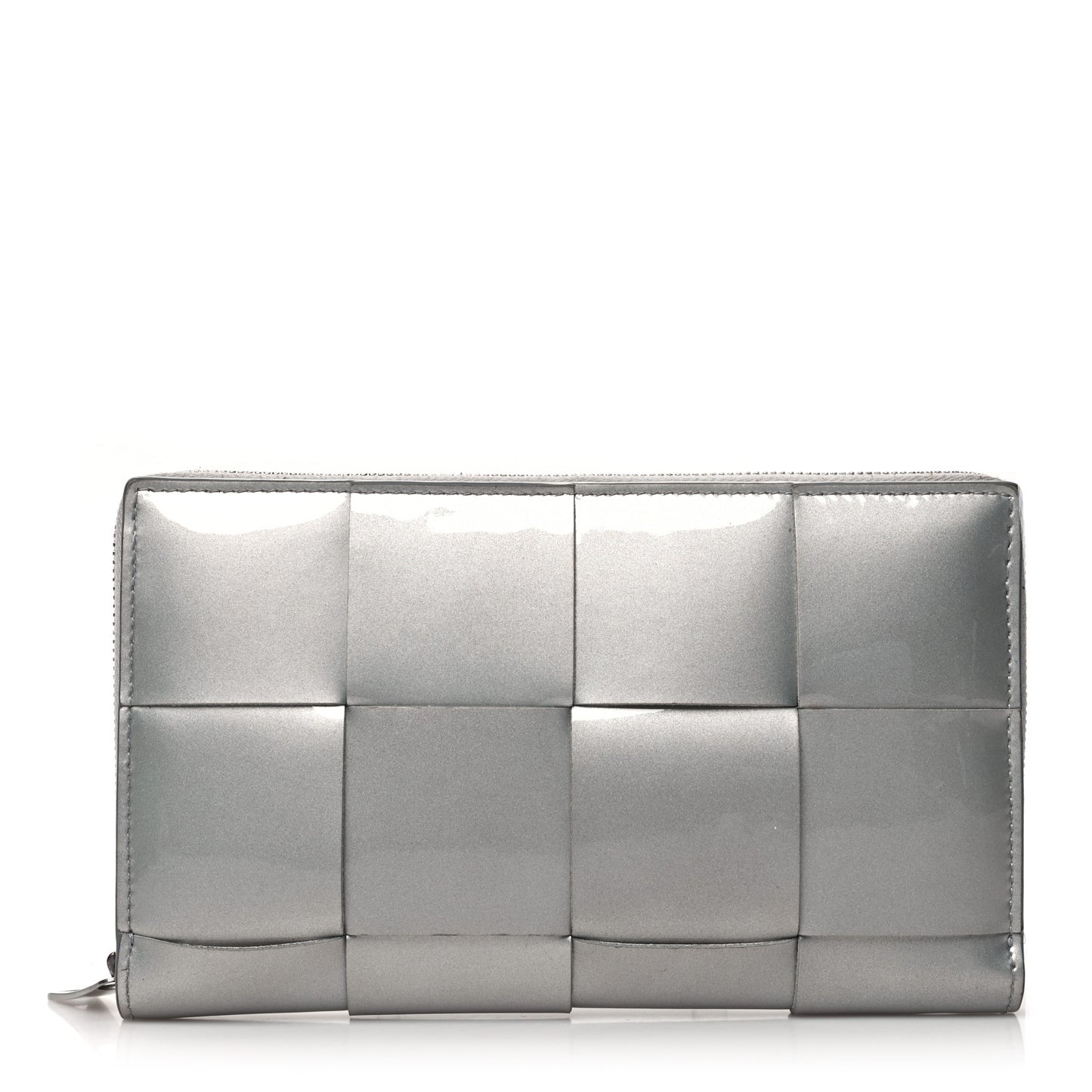 Metallic Patent Calfskin Maxi Intrecciato Zip Around Wallet Silver