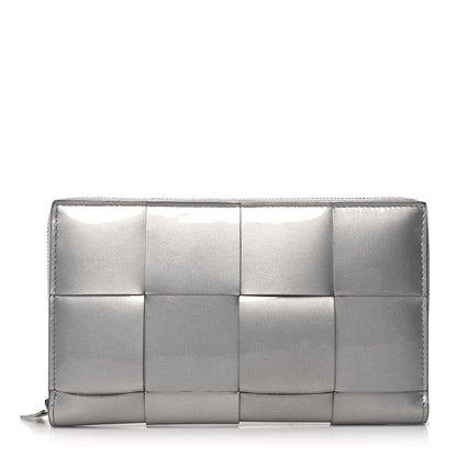 Bottega Veneta Metallic Patent Calfskin Maxi Intrecciato Zip Around Wallet Silver 1 of 12