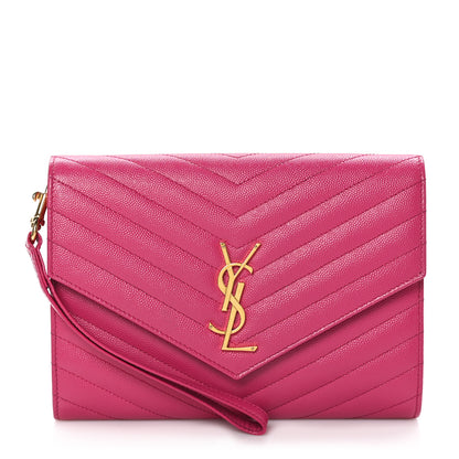 Saint Laurent Grain De Poudre Matelasse Chevron Monogram Envelope Clutch Fuxia Couture 1 of 11