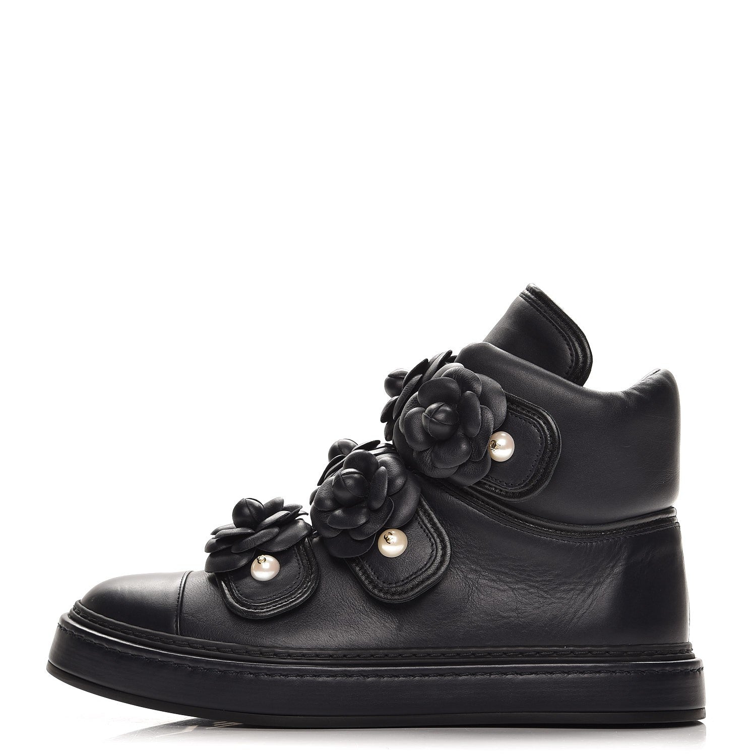 Chanel Calfskin Camellia High Top Sneakers 37.5 Navy 1 of 7